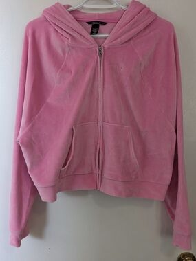 Large Victoria's Secret Pink Velour Zip Hoodie with Embroidered V